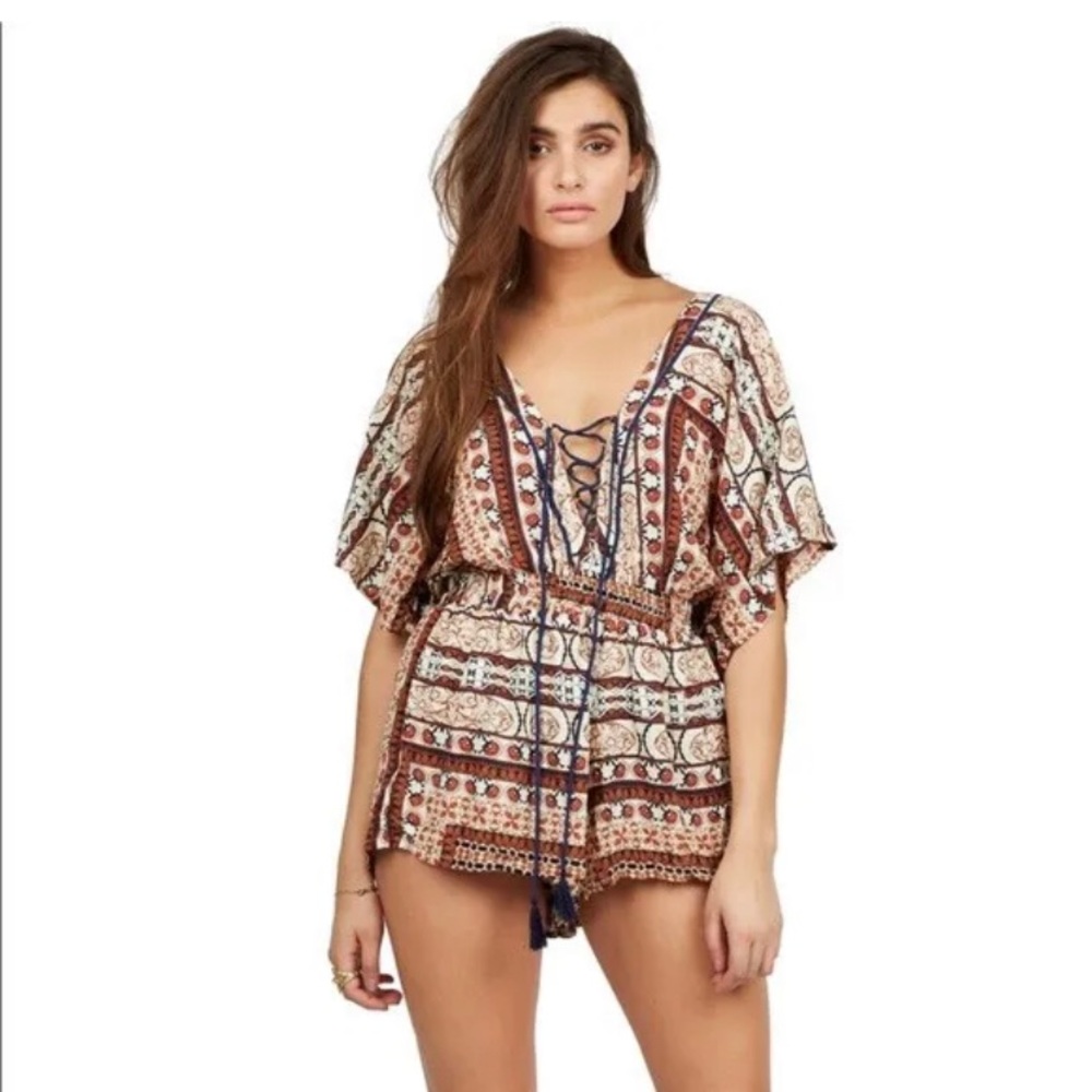 Cleobella Wesley Bohemian Tassel Smocked Waist Short Romper with Pockets XS